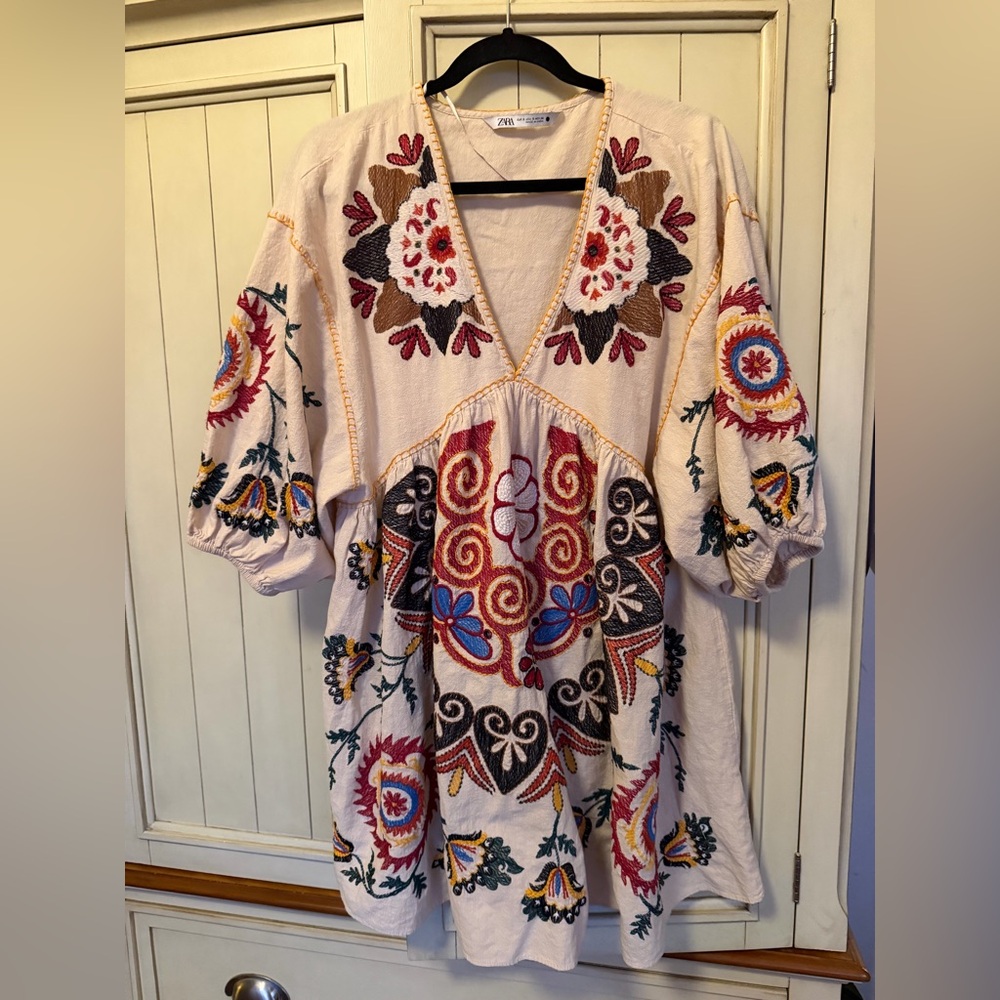 Zara Cream Embroidered Floral Midi Dress/Tunic- Bohemian Hippie Top